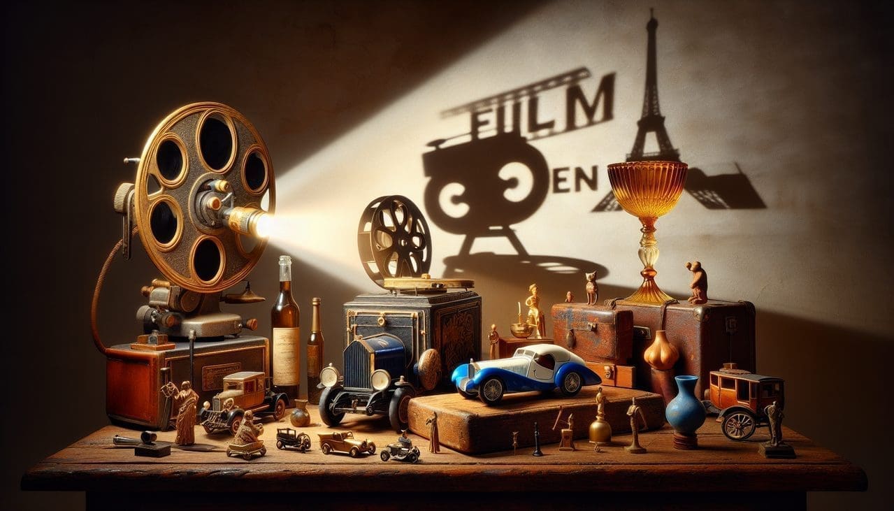 Image détaillée d'une composition avec objets iconiques français de films en B :projecteur, guitare, tour Eiffel...