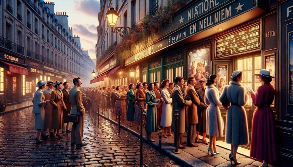 Affiche "Film en N" sur les murs d'un cinéma vintage à Paris. --- (79 caractères)