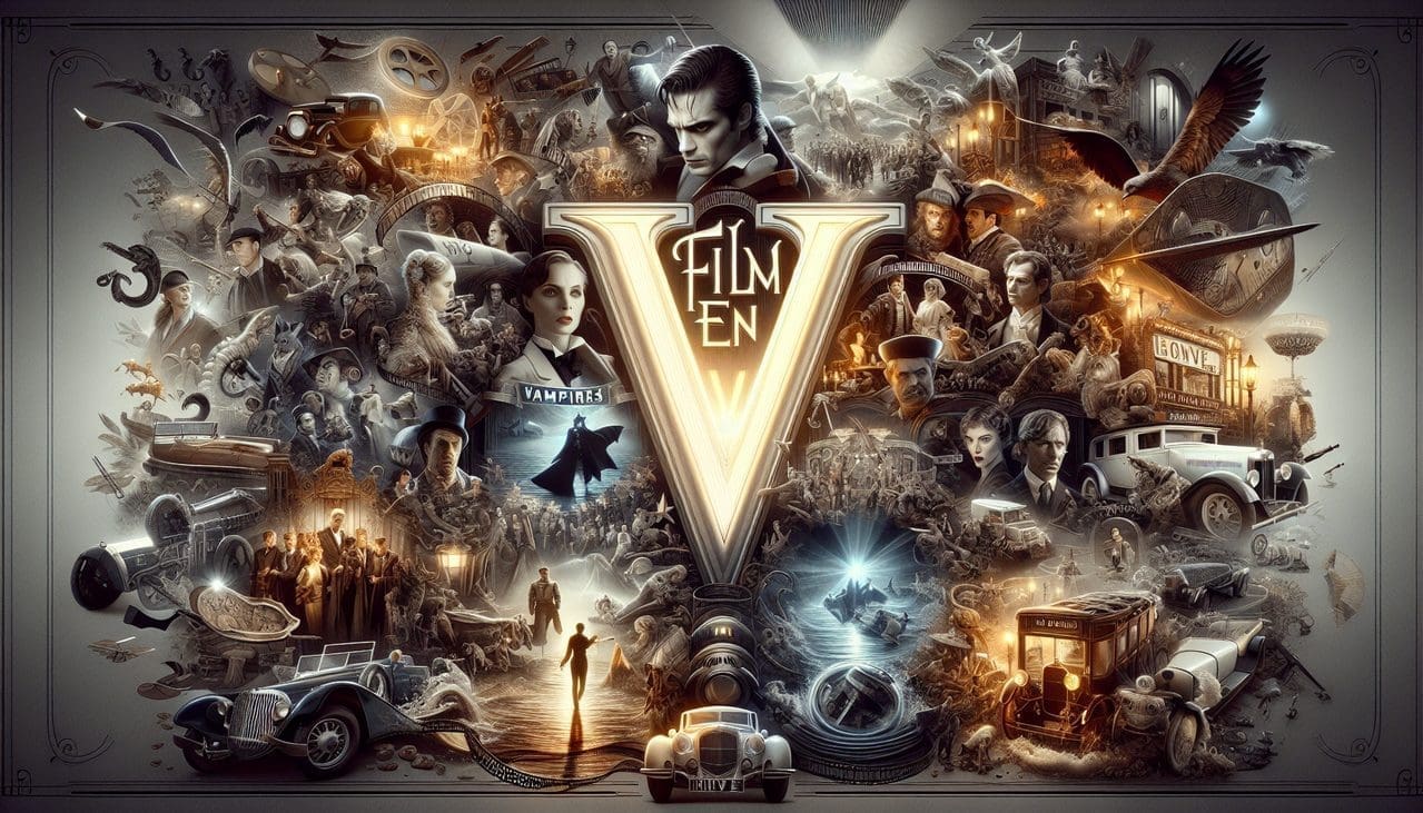 Affiche "Film en V" en lettres vintage avec vignettes de scènes de films français commençant par V.
