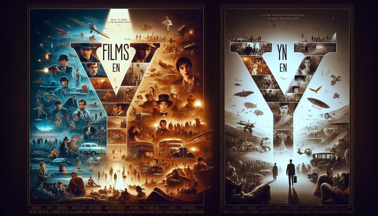 Affiche pour "Films en Y" avec scènes cinématographiques et typographie élégante.