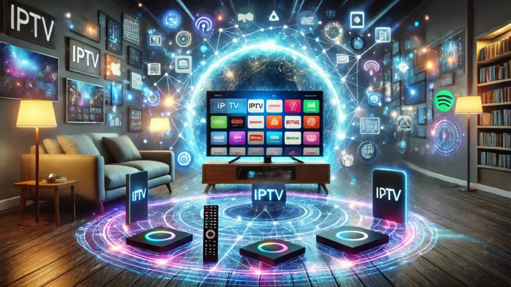 Télévision ip affichant un bouquet de chaînes sur un grand écran connecté dans un salon