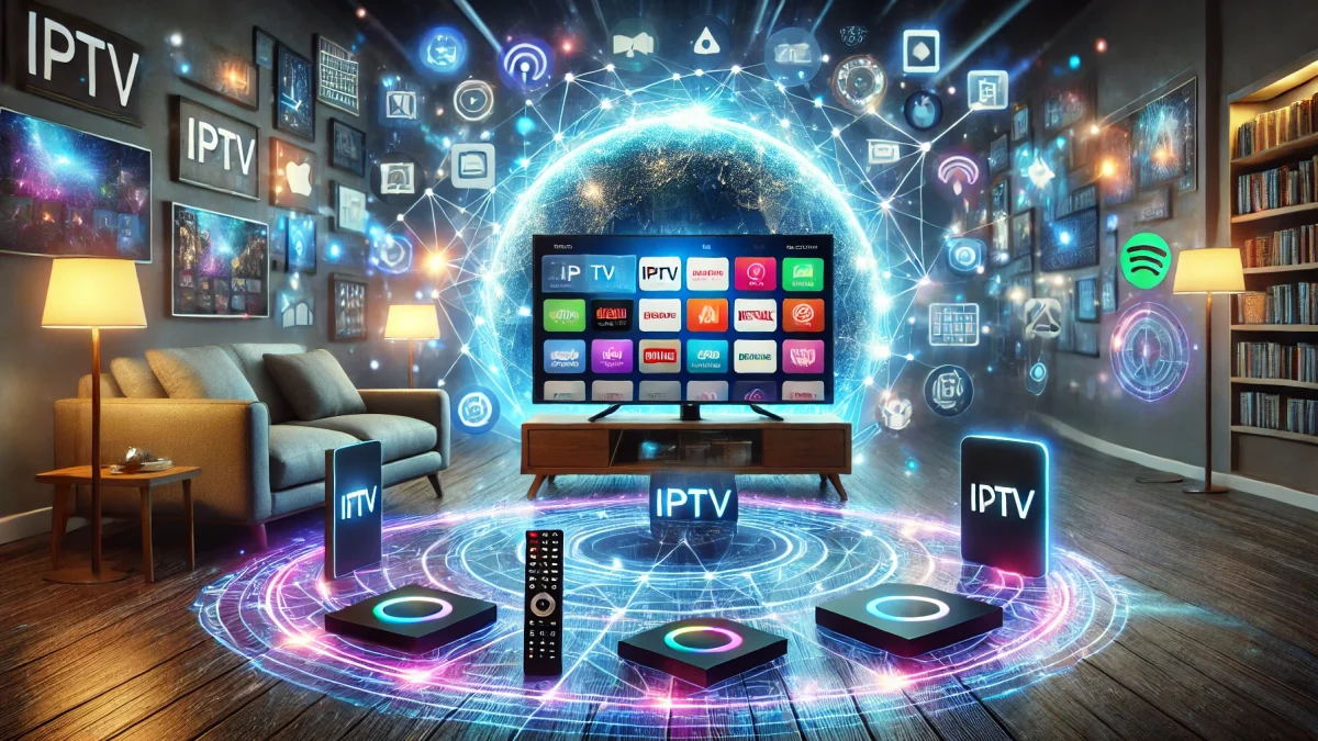 Télévision ip affichant un bouquet de chaînes sur un grand écran connecté dans un salon