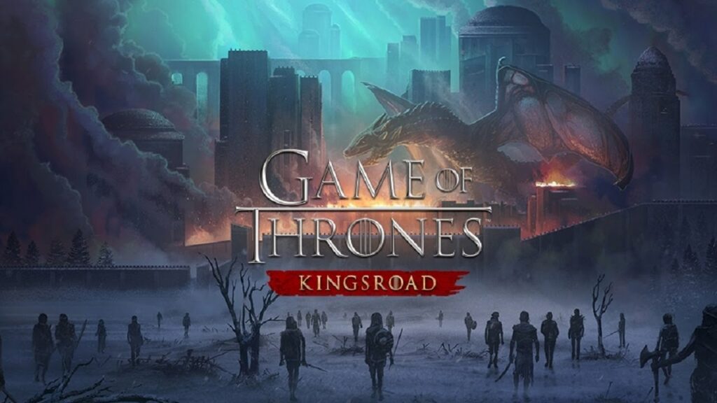 Jeu mobile Game of Thrones Kingsroad avec un personnage en armure sur une route enneigée du Nord