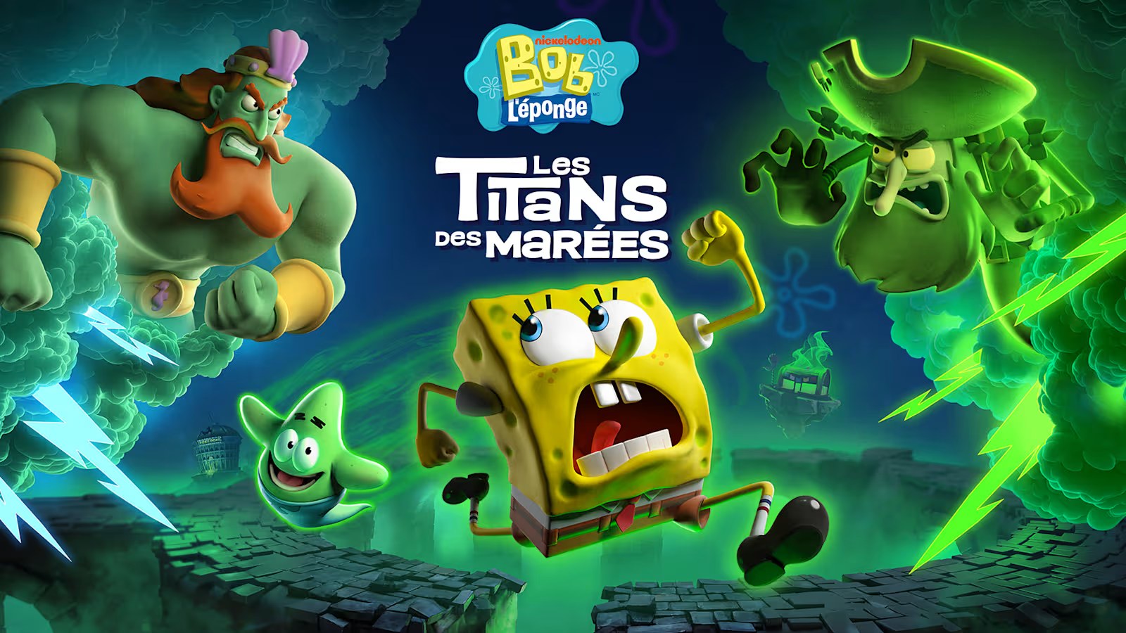 Bob l'éponge et Patrick côte à côte dans une scène du jeu Les Titans des marées