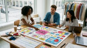 Équipe de professionnels de l'événementiel en pleine préparation d'un événement