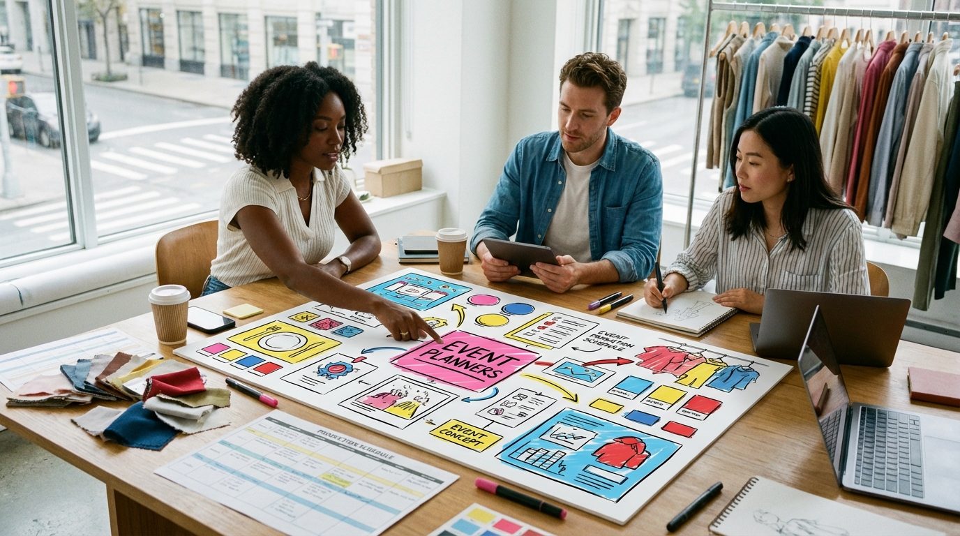 Équipe de professionnels de l'événementiel en pleine préparation d'un événement